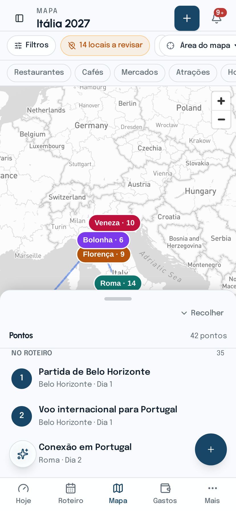 Mapa do vIAgente com os pontos do roteiro numerados e agrupados por cidade e por dia