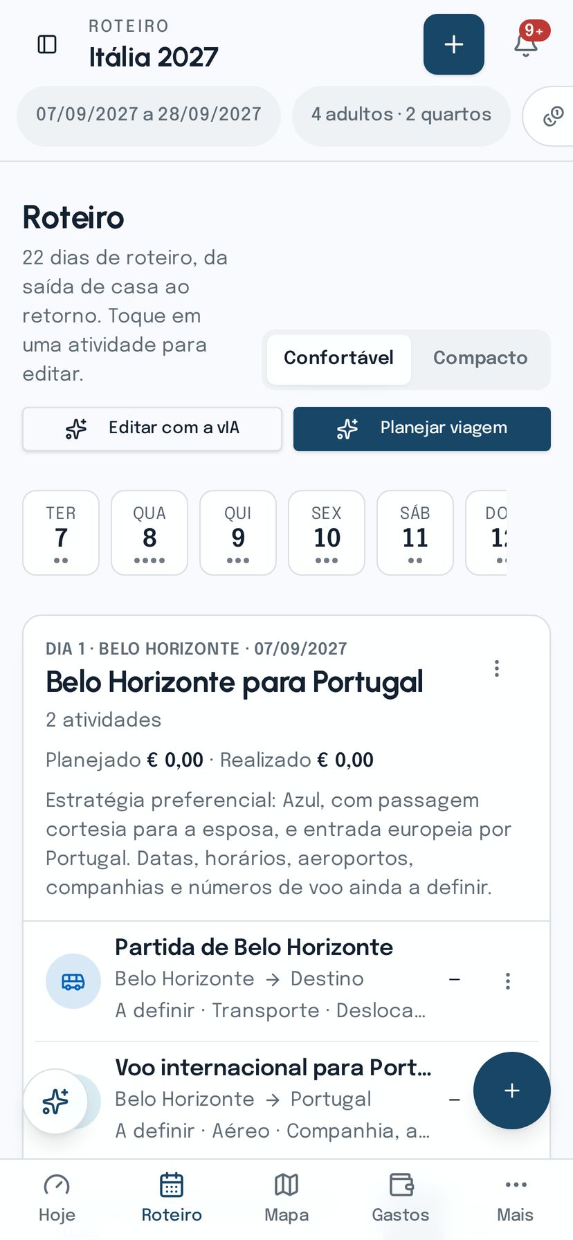 Roteiro do vIAgente com os dias da viagem, atividades por horário, hospedagem do dia e custo de cada item